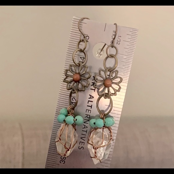 Quartz & Turquoise Brass Flower Earrings - Picture 9 of 13